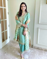 Sea Green Silk Embroidery Work Salwar Suit With Dupatta